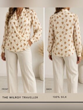 Vintage Wilroy Traveller 100% Silk Wrap Blouse Size 16 Ivory Tan.